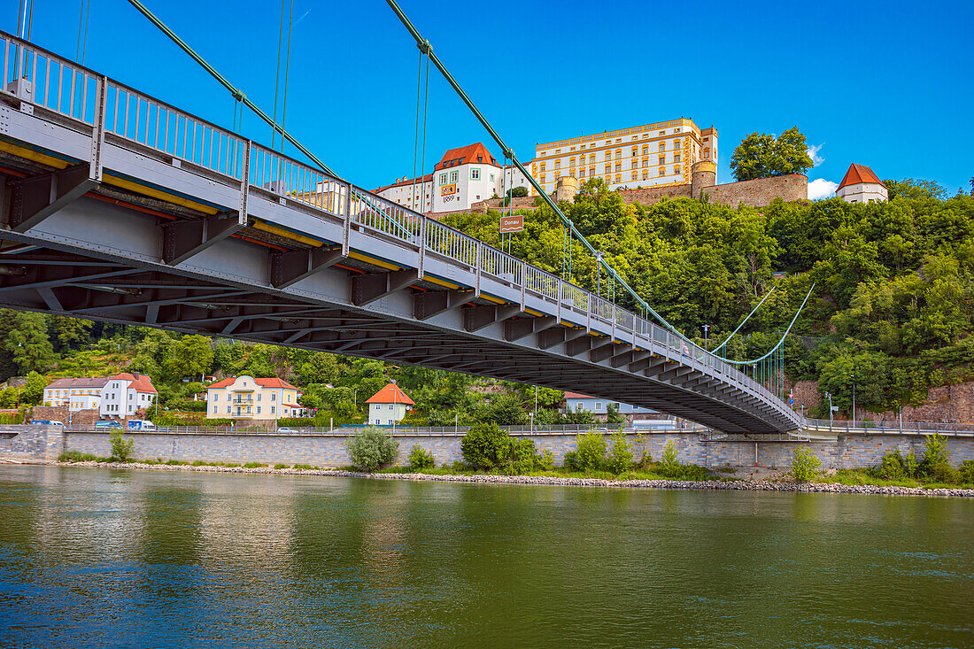Prinzregent-Luitpold Bridge over Danube and Veste Oberhaus in Passau, Bavaria, Germany