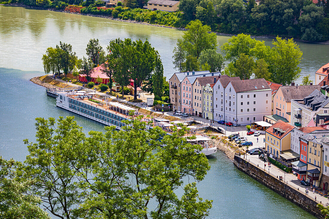Dreiflüsseeck bei Inn und Donau in Passau, Bayern, Deutschland