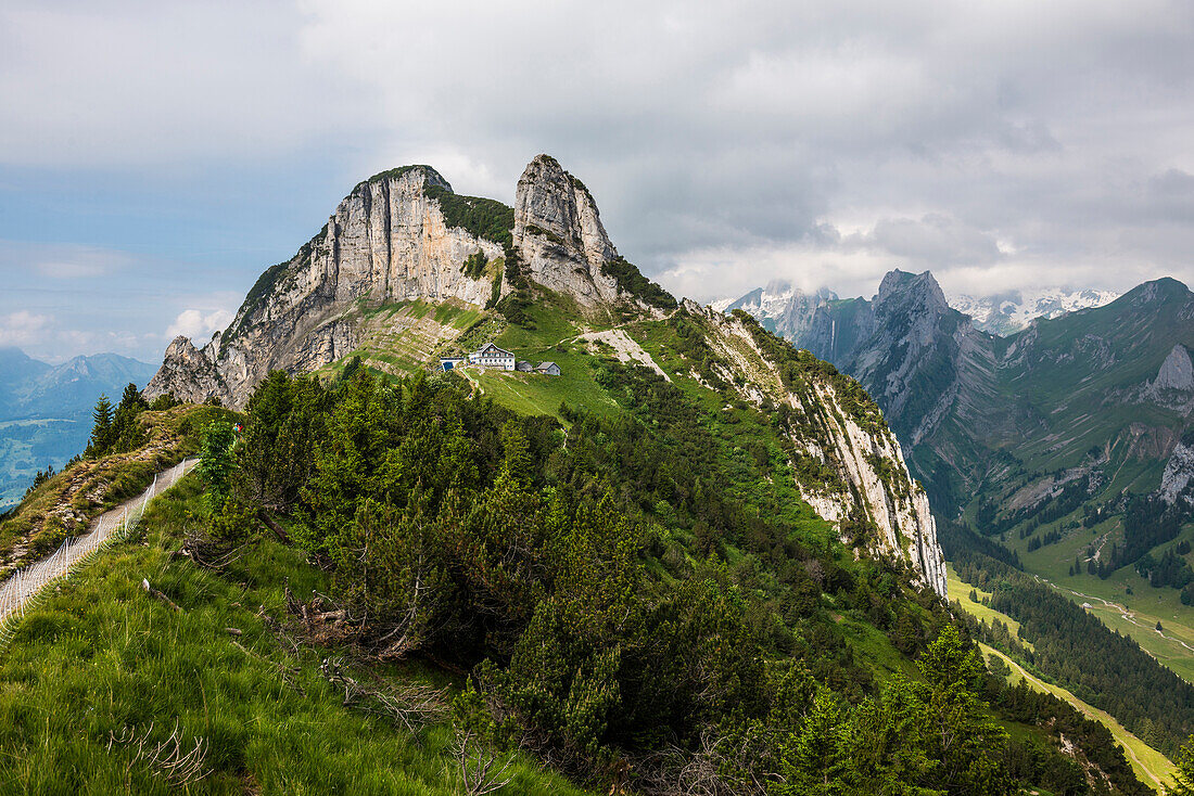 Steep mountains and clouds, Berggasthof Staubern, Hoher Kasten, Saxer Lücke, Alpstein, Appenzeller Alps, Canton of Appenzell Innerrhoden, Switzerland