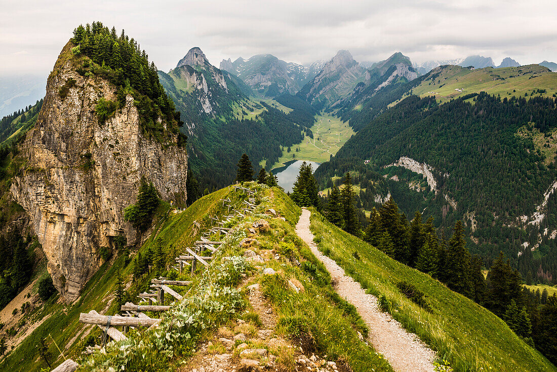 Steep mountains and clouds, Hoher Kasten, Saxer Lücke, Alpstein, Appenzell Alps, Canton of Appenzell Innerrhoden, Switzerland