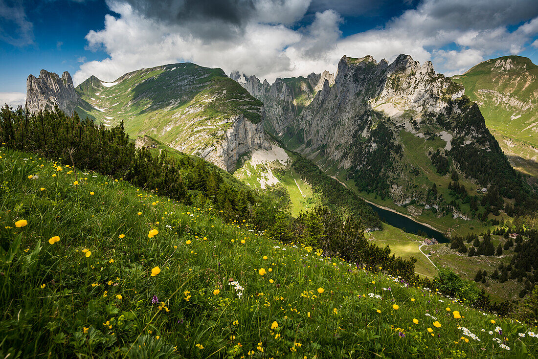 Steep mountains and clouds, Hoher Kasten, Saxer Lücke, Alpstein, Appenzell Alps, Canton of Appenzell Innerrhoden, Switzerland