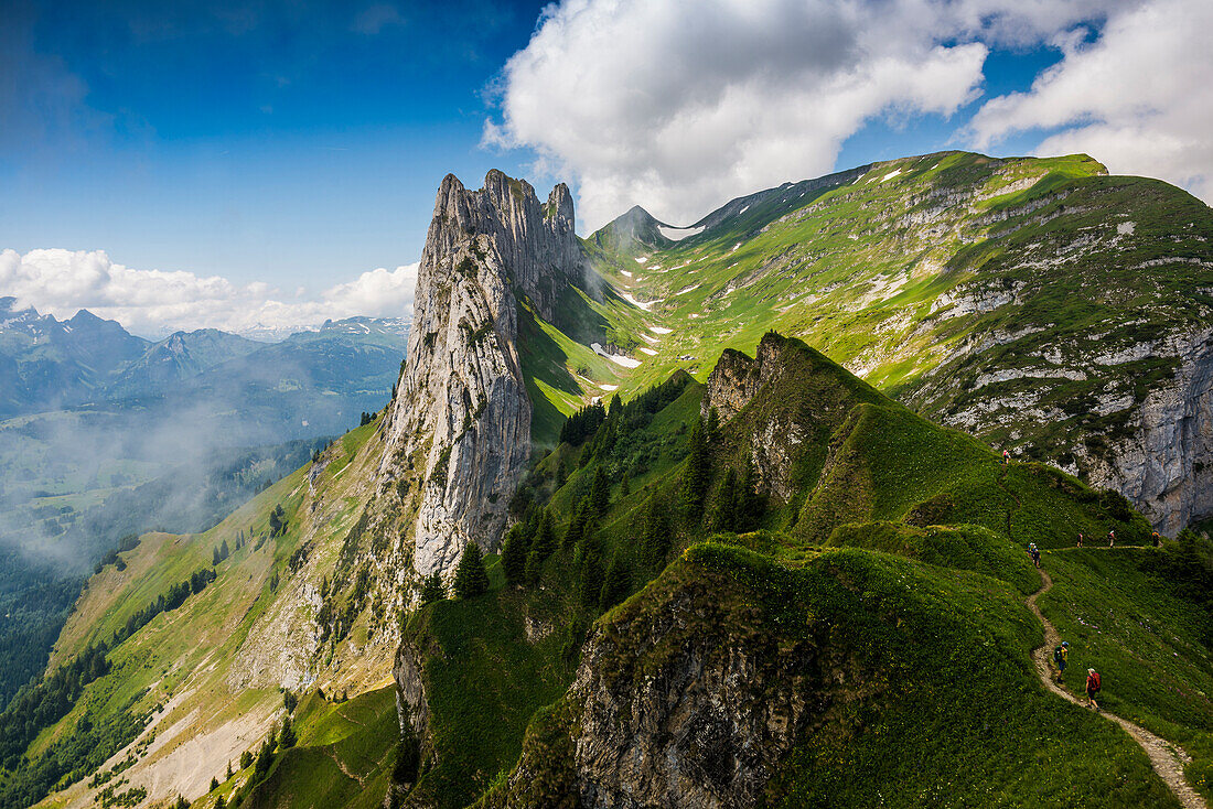 Steep mountains and clouds, Hoher Kasten, Saxer Lücke, Alpstein, Appenzell Alps, Canton of Appenzell Innerrhoden, Switzerland