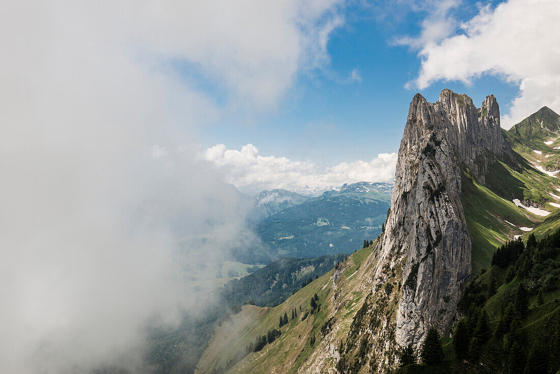 Steep mountains and clouds, Hoher Kasten, Saxer Lücke, Alpstein, Appenzell Alps, Canton of Appenzell Innerrhoden, Switzerland