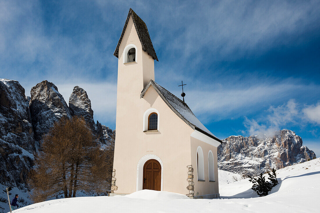 Snow-covered mountains and chapel, winter, Val Gardena, Val Gardena, Dolomites, South Tyrol, Italy