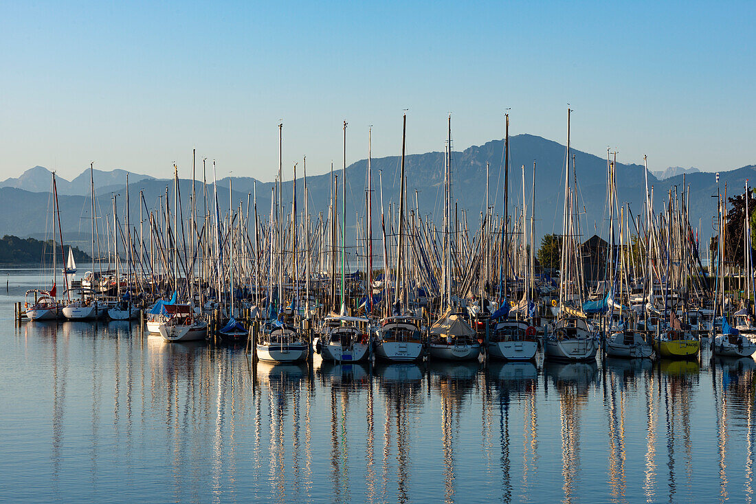 Sunrise at the Seebruck marina, Chiemsee, Chiemgau, Bavaria, Germany, Europe