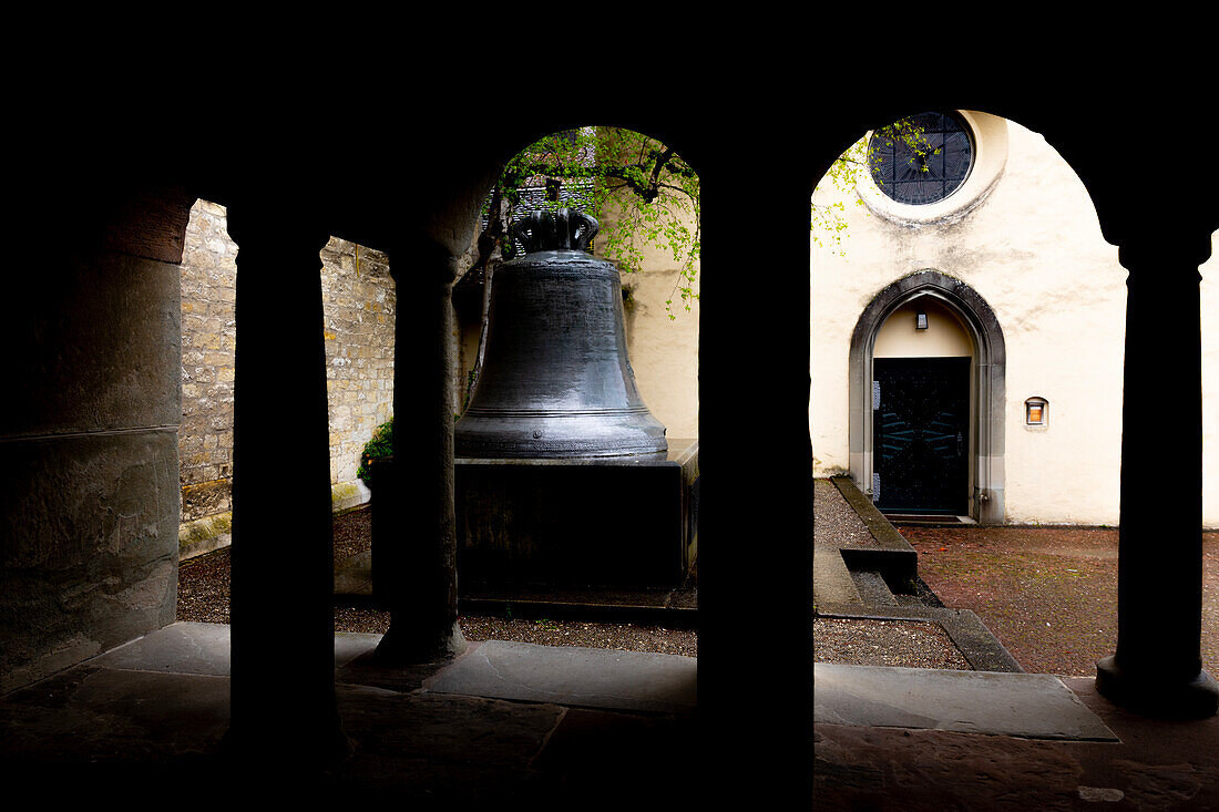 Church Münsterkirche with a Bell in the Patio in Schaffhausen, Switzerland.