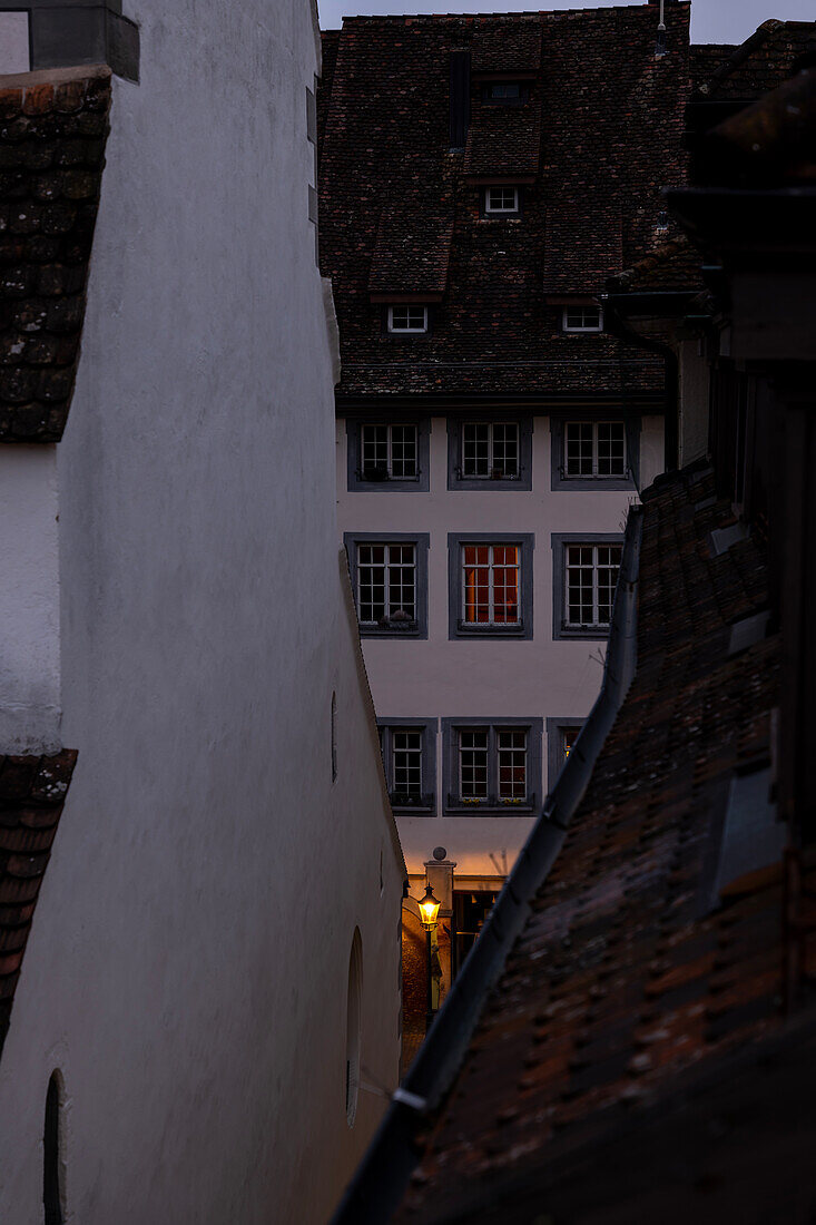 Beautiful Middle Ages Building Illuminated at Night in Schaffhausen in Switzerland.