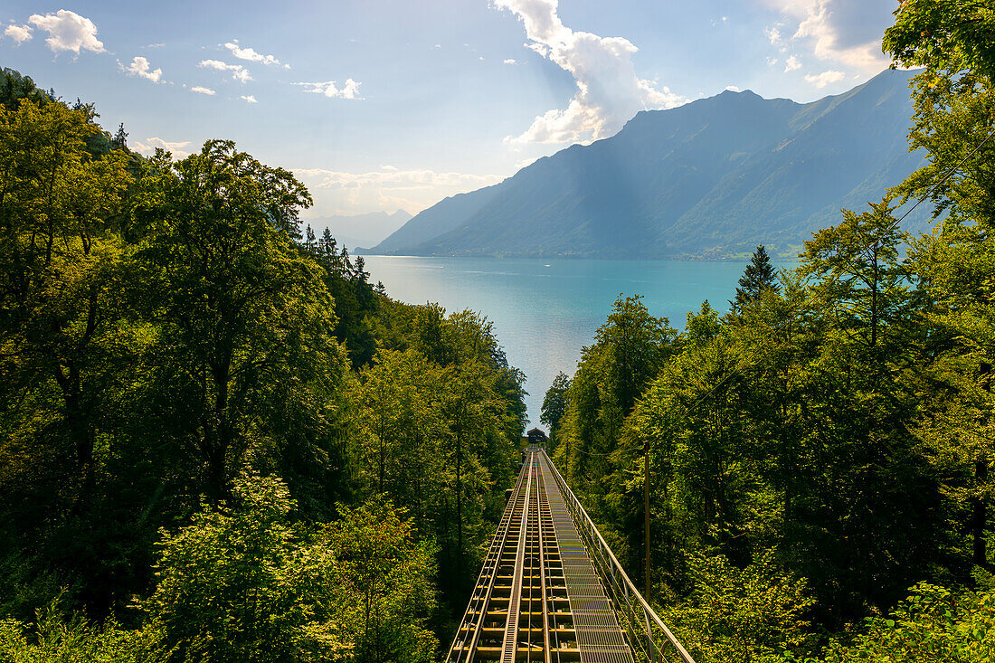 The Oldest Cable Train in Switzerland with the View over Lake Brienz with Mountain in Giessbach in Brienz, Bern Canton, Switzerland.