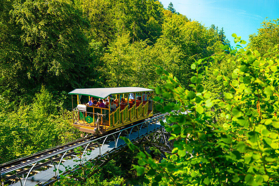 The Oldest Cable Train in Europe with the View over Lake Brienz with Mountain in Giessbach in Brienz, Bern Canton, Switzerland.