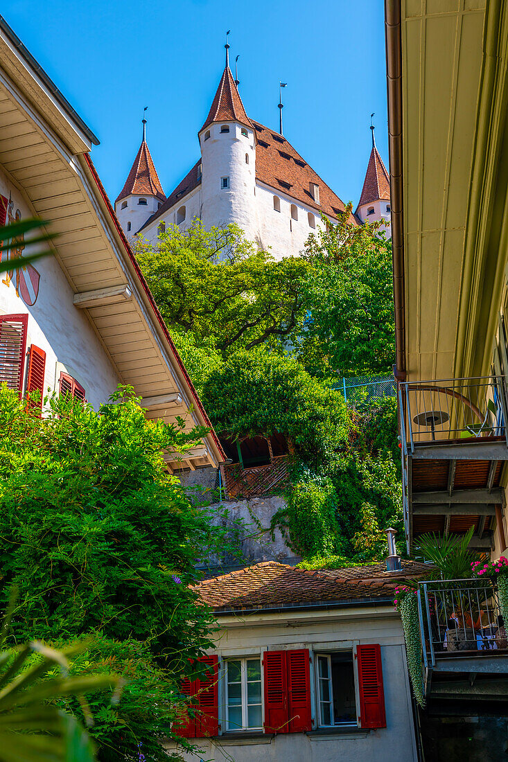 City of Thun with Castle Between Houses in a Sunny Day in Bernese Oberland, Bern Canton, Switzerland.