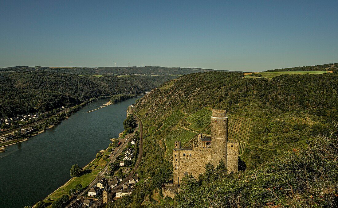 Blick vom Rheinsteig auf Burg Maus und das Rheintal bei St. Goarshausen-Wellmich, Oberes Mittelrheintal, Rheinland-Pfalz, Deutschland