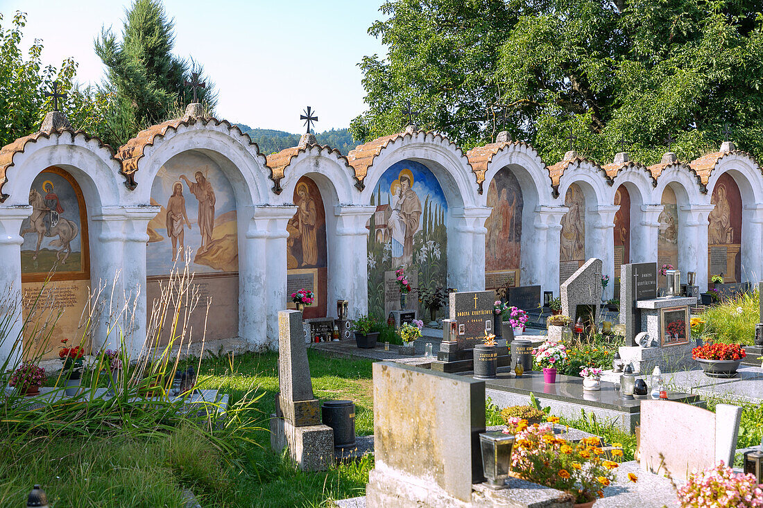 Village cemetery of the Church of Svatého Petra a Pavla in Albrechtice nad Vltavou in South Bohemia in the Czech Republic