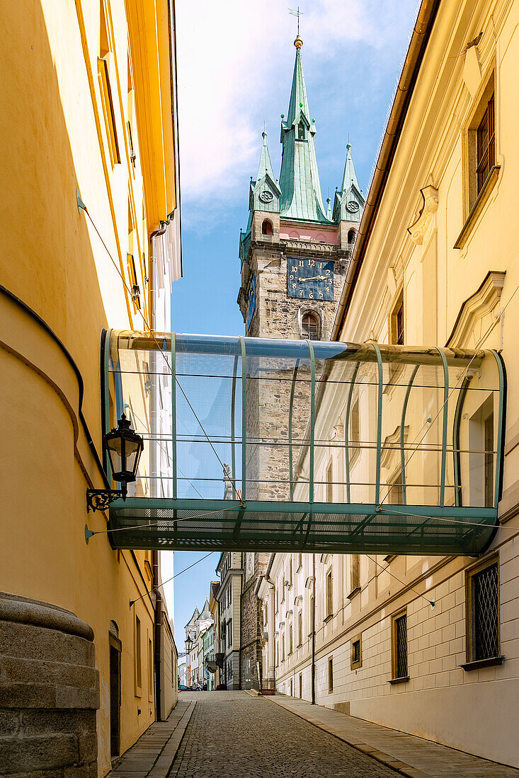 Alley Balbinova and Black Tower in Klatovy in West Bohemia in Czech Republic