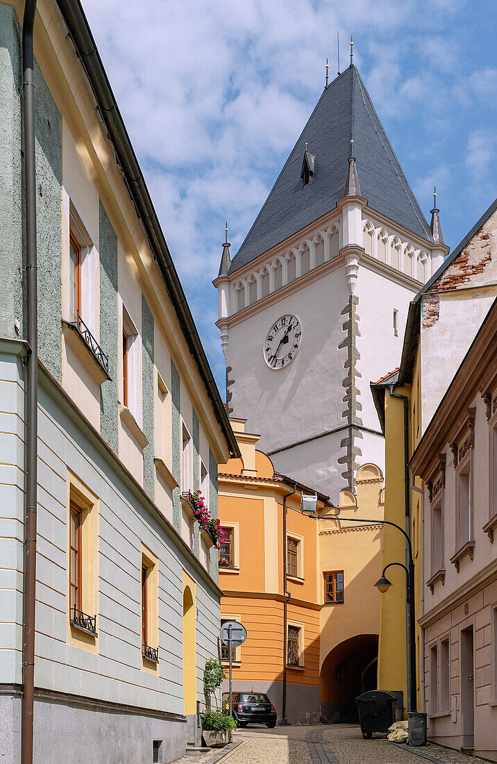 Marianská Ulice and town hall tower in the old town of Tabor in South Bohemia in the Czech Republic