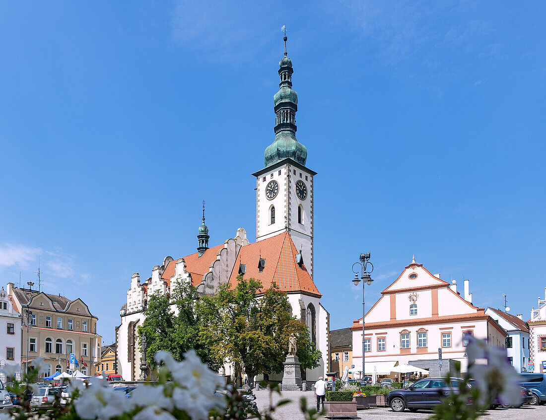 Zizka Square with the Deanery Church of the Transfiguration of Christ on Mount Tabor in the old town of Tabor in South Bohemia in the Czech Republic