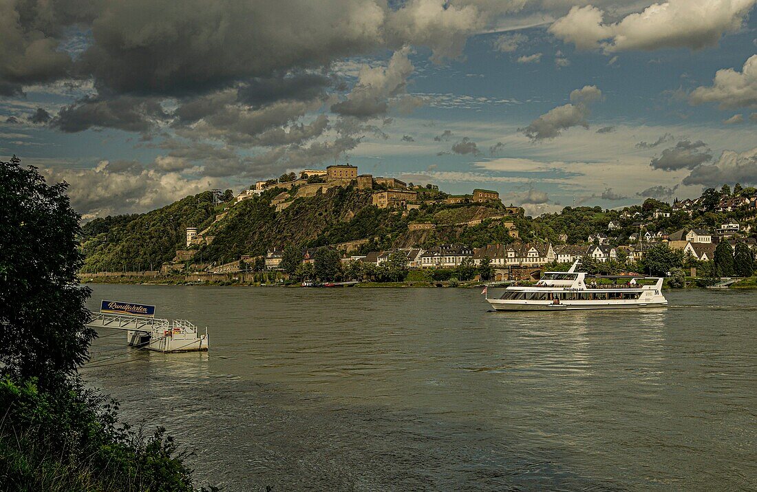 Panoramic ship on the Rhine, in the background the Ehrenbreitstein Fortress, Koblenz, Upper Middle Rhine Valley, Rhineland-Palatinate, Germany