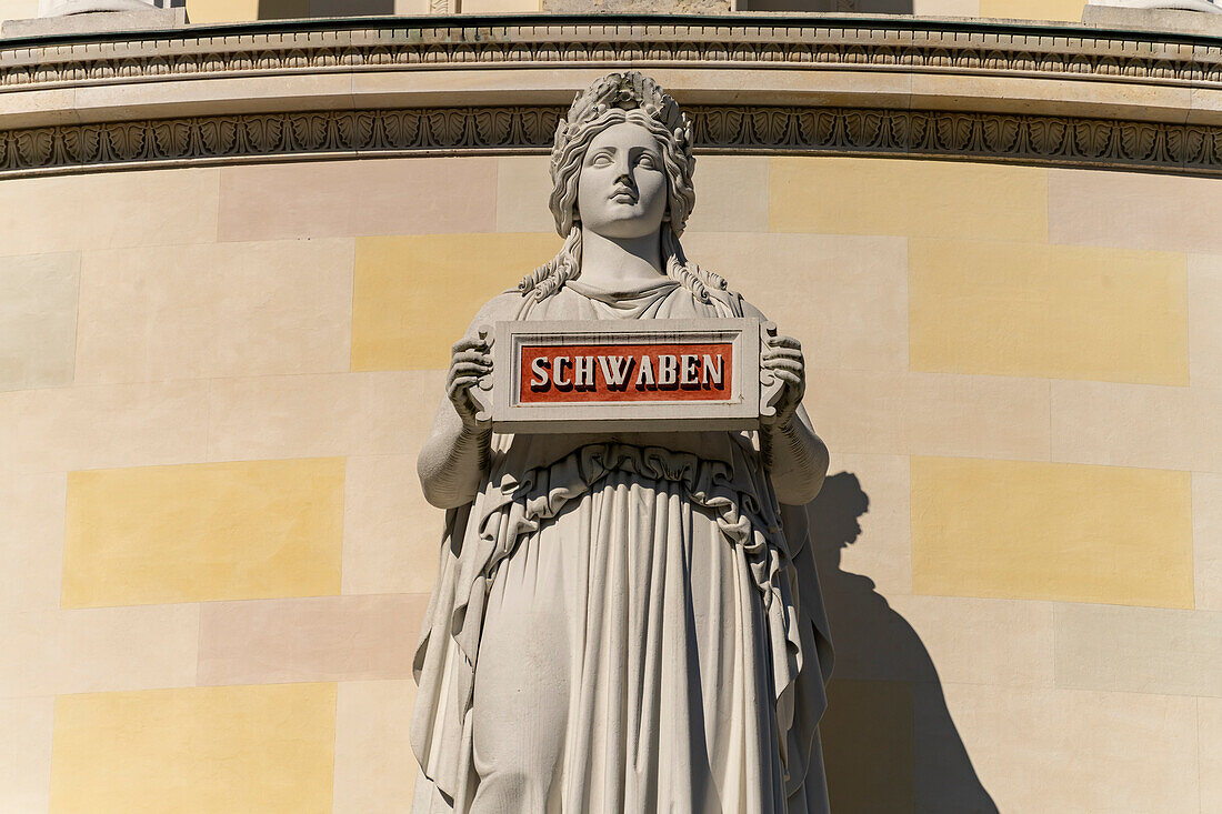 Statue of Swabians on the facade of the Liberation Hall in Kelheim, Lower Bavaria, Bavaria, Germany