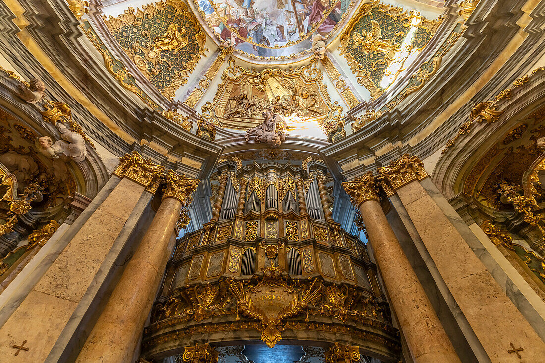Organ in the interior of the monastery church of St. Georg Weltenburg near Weltenburg, Bavaria, Germany