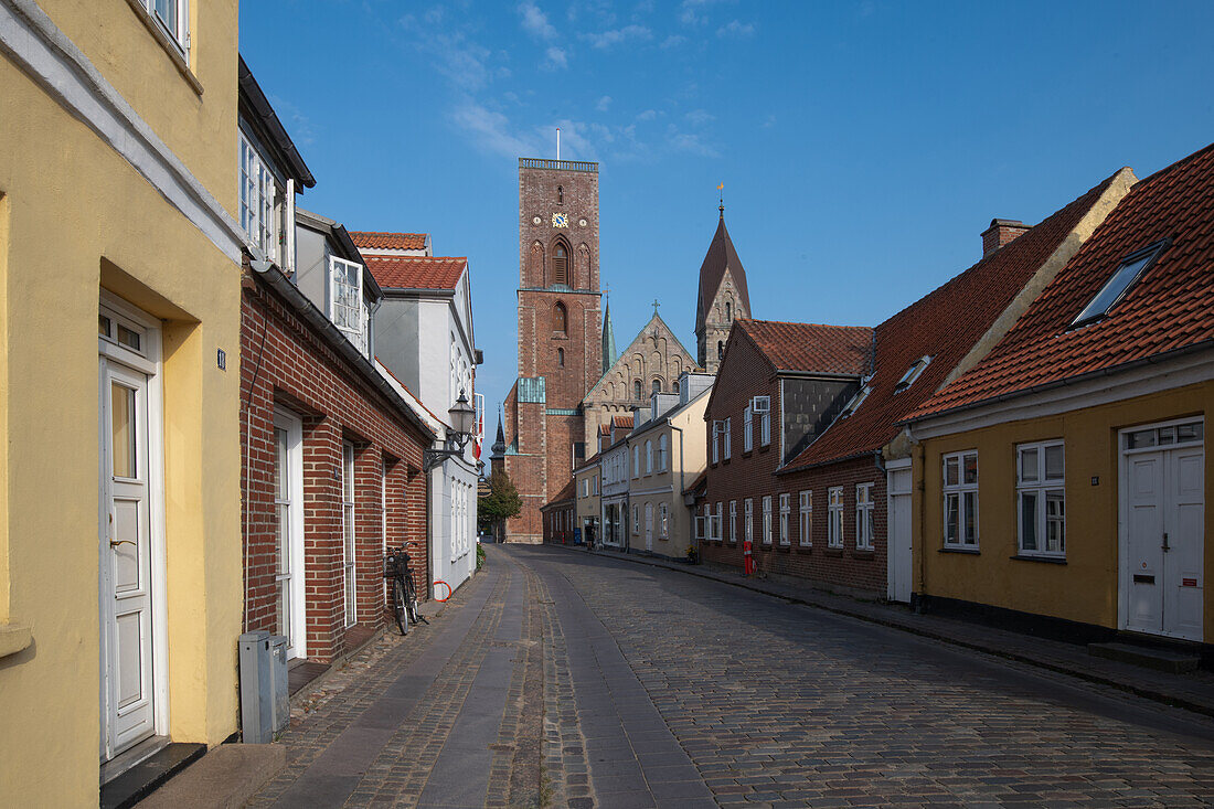 Ribe, view along Grydergade to the cathedral church, Jutland, Denmark