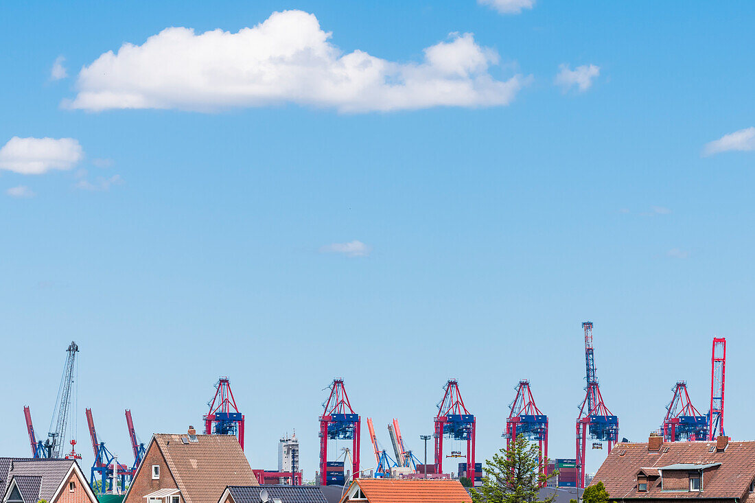 Wohnhäuser mit Hafenanlagen, Finkenwerder, Hamburg, Deutschland