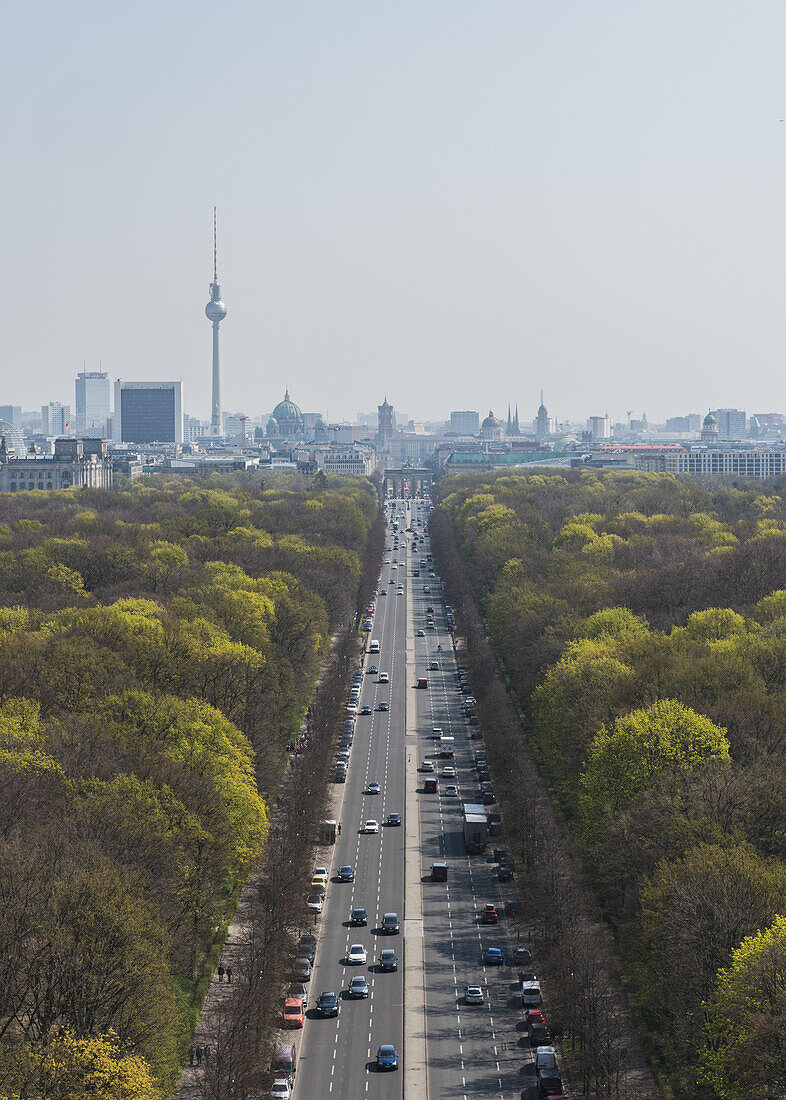 View from the Victory Column towards the Brandenburg Gate in Berlin, Germany.