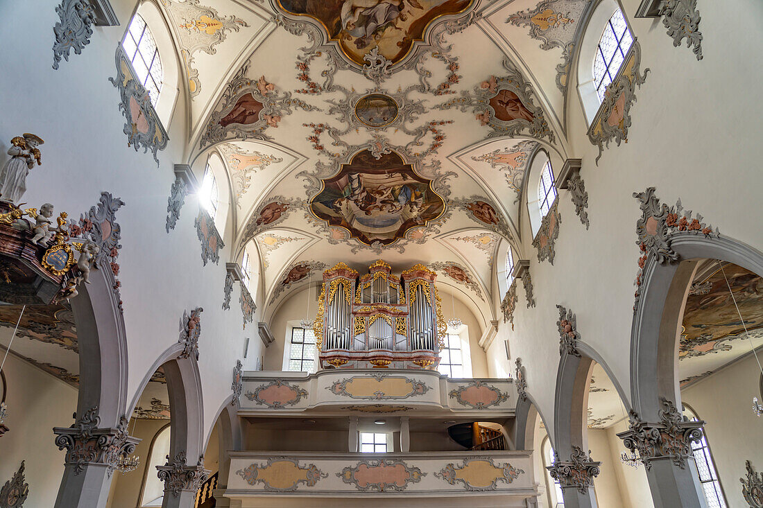 Church organ and ceiling fresco in the interior of the Laufenburg town church, Aargau, Switzerland, Europe