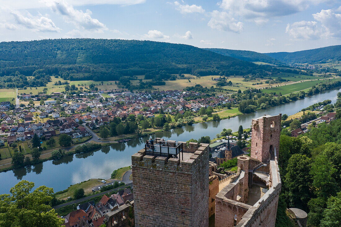 Aerial view of people on the viewing platform on the Henneburg with a view of the Main in the Spessart-Mainland region, Stadtprozelten, Franconia, Bavaria, Germany