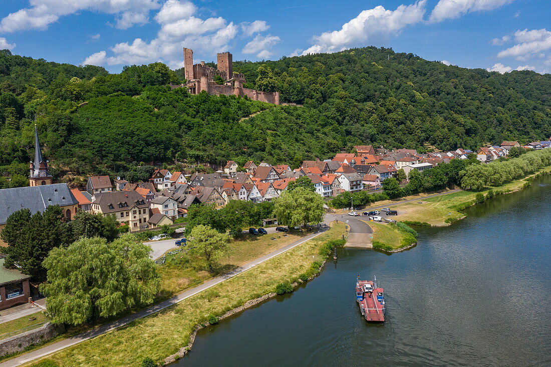 Aerial view of car ferry on the Main with the town and castle of Henneburg in the Spessart-Mainland region, Stadtprozelten, Franconia, Bavaria, Germany