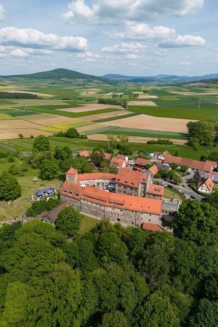 Aerial view of Fürsteneck Castle in the Hessisches Kegelspiel region, Eiterfeld Fürsteneck, Rhön, Hesse, Germany