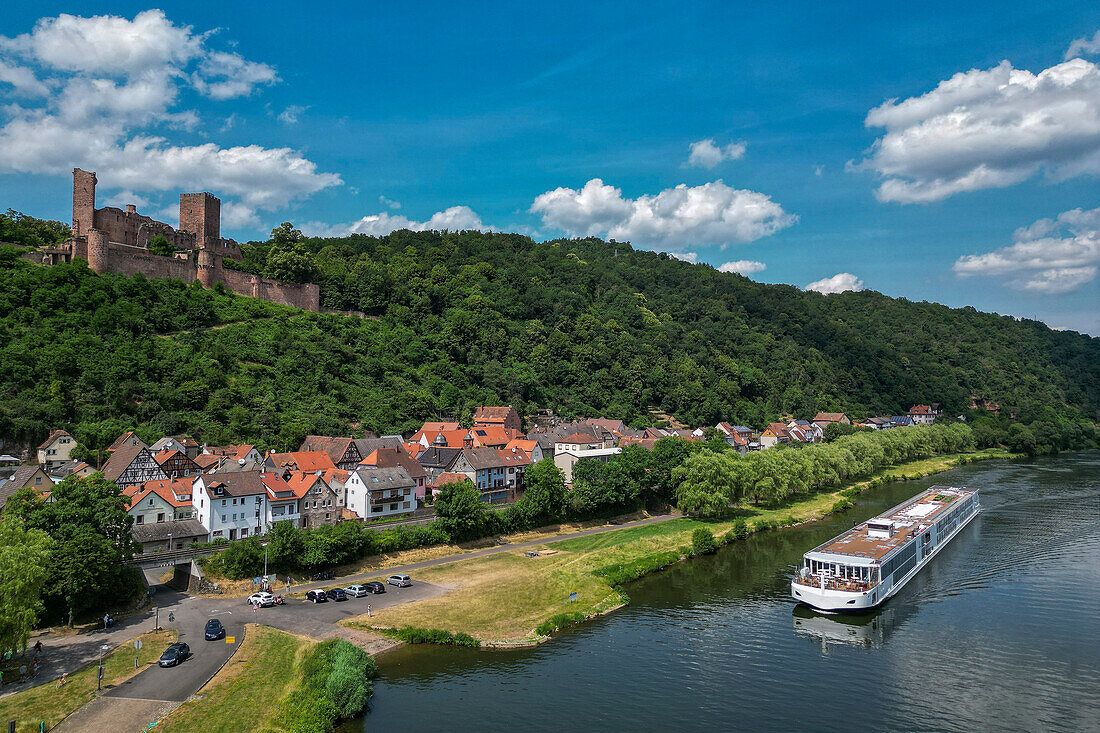 Aerial view of river cruise ship Viking Egdir (Viking Cruises) on the Main with town and Henneburg in the Spessart-Mainland region, Stadtprozelten, Franconia, Bavaria, Germany