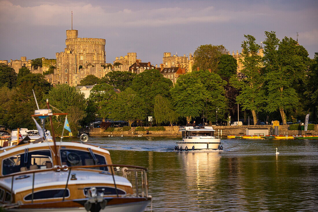 Ein Le Boat Horizon 1 Hausboot auf der Themse mit Schloss Windsor dahinter, Windsor, Berkshire, England, Vereinigtes Königreich