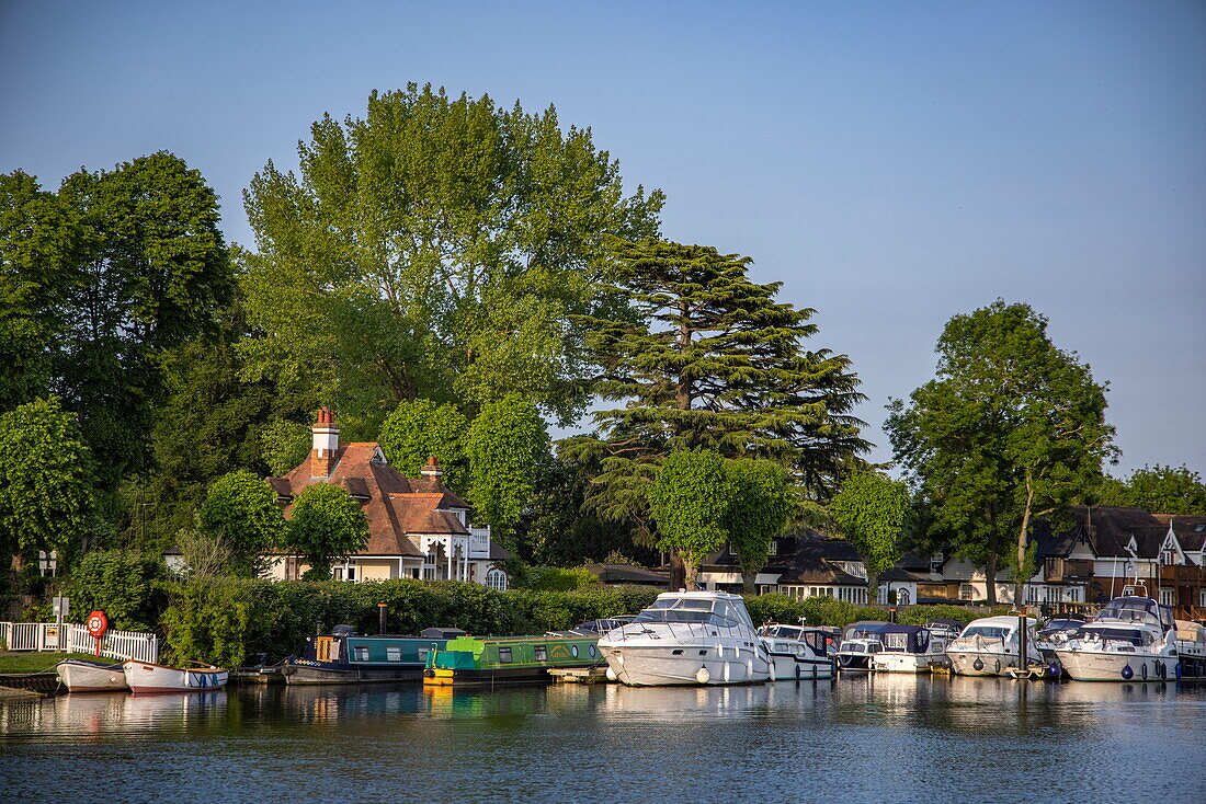 Boote und Wohnhäuser entlang der Themse, Bourne End,  Nähe Marlow, Buckinghamshire, England, Vereinigtes Königreich