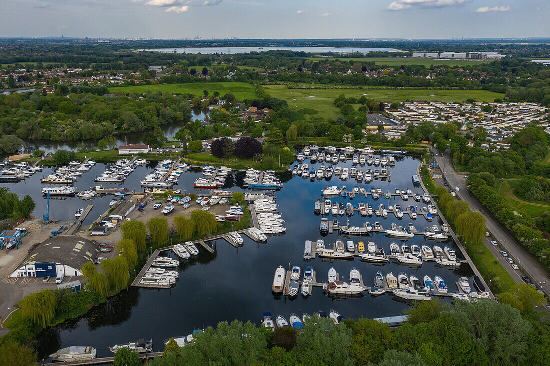 Aerial view of Le Boat houseboats at the Le Boat Chertsey base in Penton Hook Marina, Chertsey, Surrey, England, United Kingdom