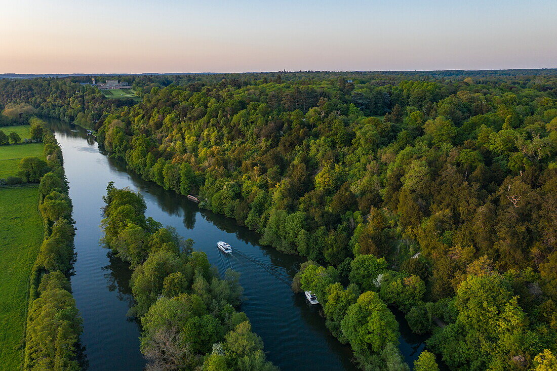 Aerial view of a Le Boat Horizon 4 houseboat on the River Thames with island near Cliveden National Trust, near Maidenhead, Berkshire, England, United Kingdom