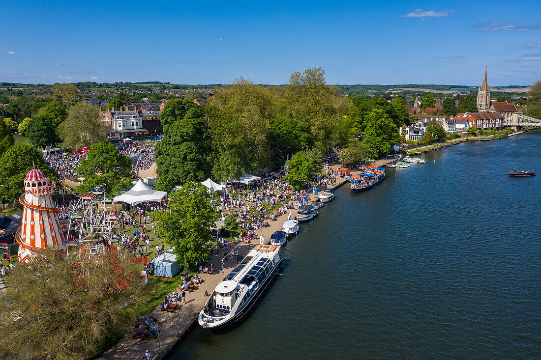 Aerial view of audience at the 2023 Pub in the Park Marlow music festival along the River Thames, Marlow, Buckinghamshire, England, United Kingdom