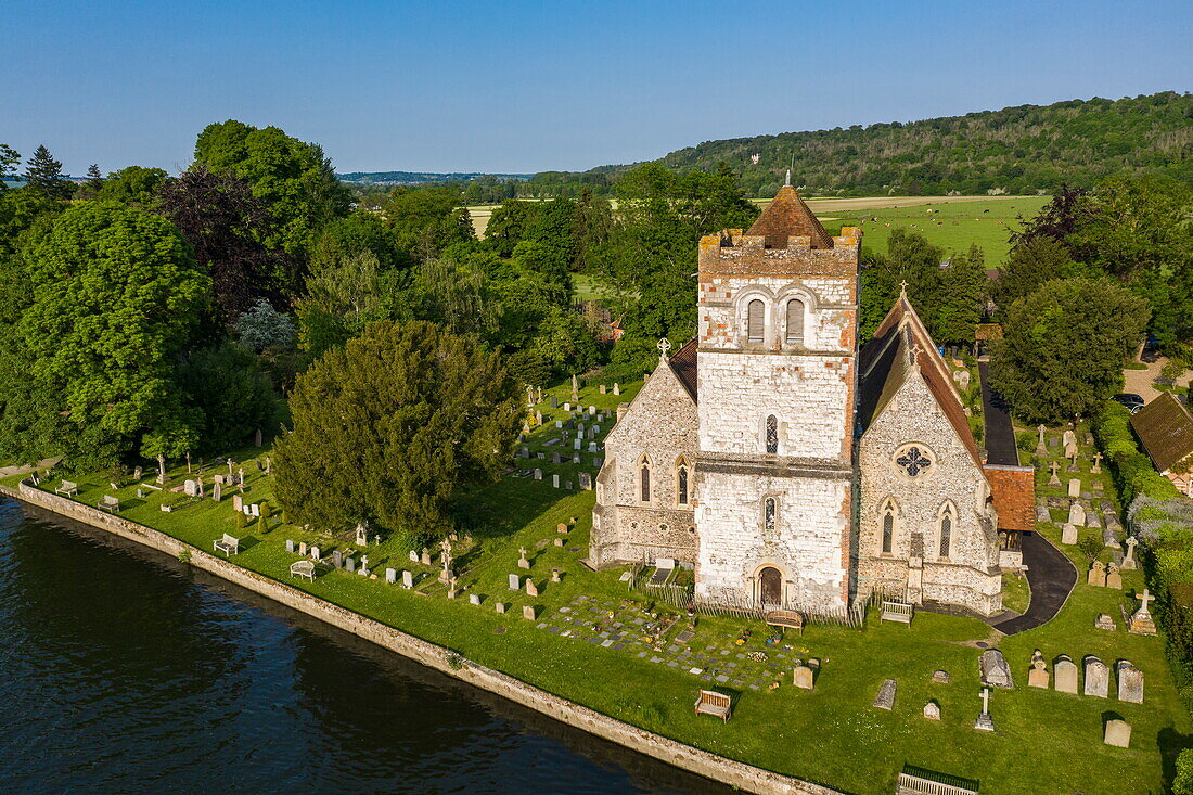 Aerial view of the River Thames with All Saints Church, Bisham, near Marlow, Buckinghamshire, England, United Kingdom