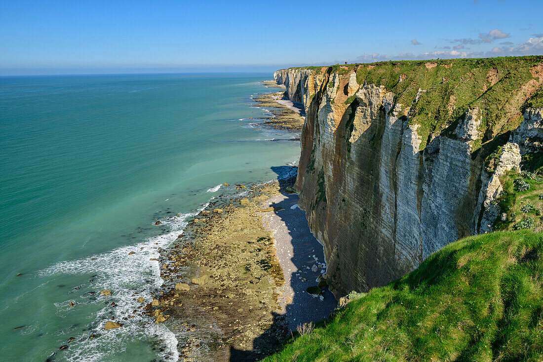 Blick über Kreideklippen ins Meer, Bénouville, GR 21, Côte d'Albatre, Alabasterküste, Atlantikküste, Normandie, Frankreich