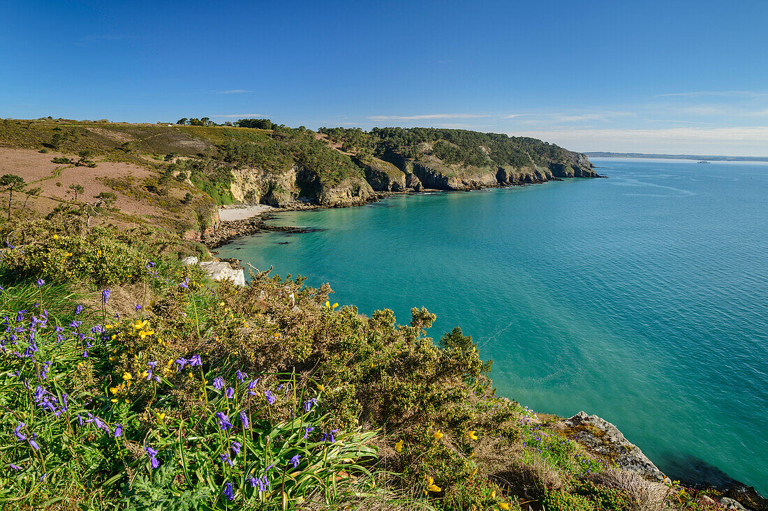 Meeresbucht auf der Halbinsel Crozon, nahe Cap de la Chèvre, GR 34, Zöllnerweg, Sentier Côtier, Halbinsel Crozon, Atlantikküste, Bretagne, Frankreich