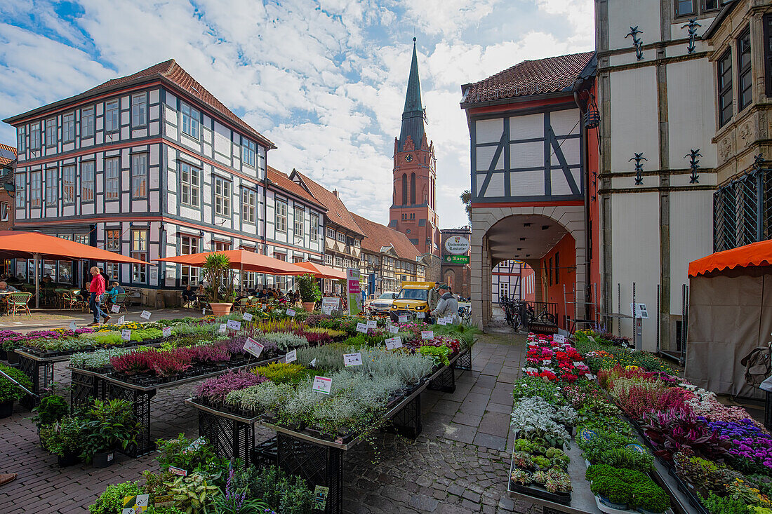 Nienburg, view from the flower market to the church of Sant Martin, whose origins date back to the 14th century