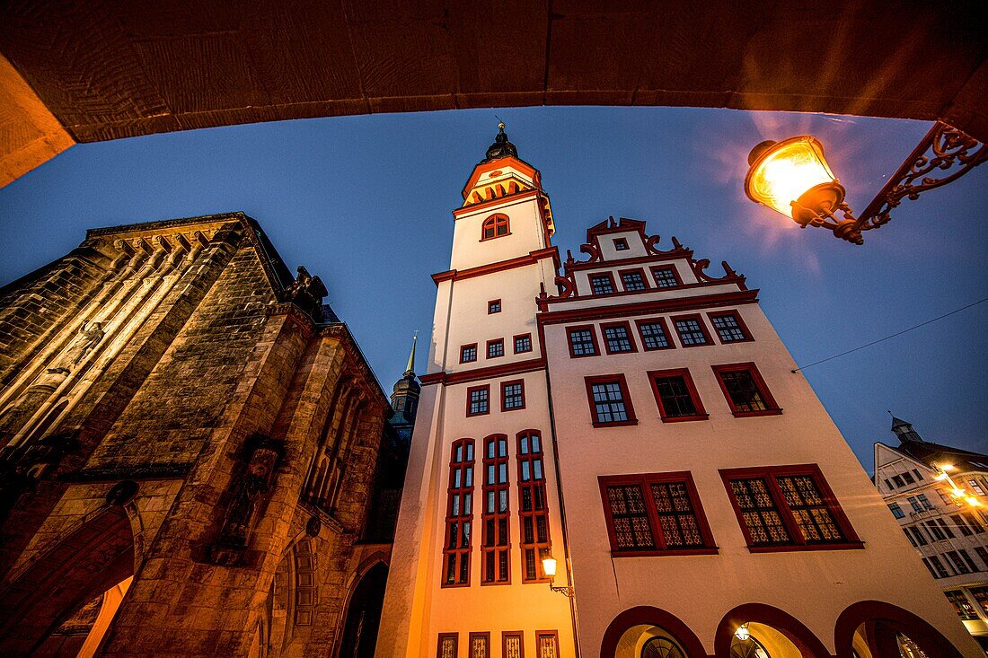 Jakobikirche and Old Town Hall in the evening in lantern light, Chemnitz, Saxony, Germany
