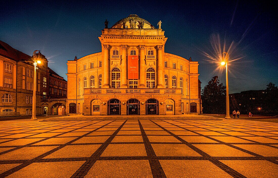 Chemnitz Opera House at Theraterplatz by lantern light, Saxony, Germany