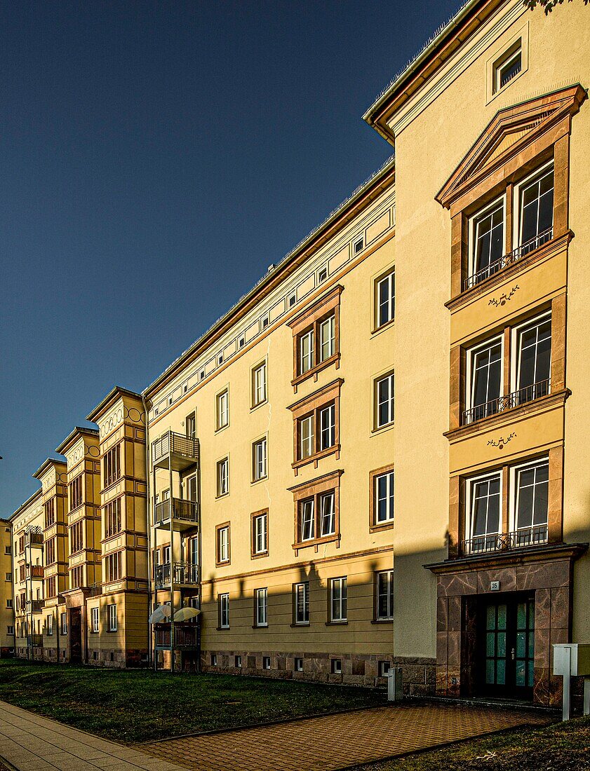 GDR architecture in Chemnitz: row of residential buildings on Reitbahnstrasse, built after the destruction of the Second World War in traditional construction (around 1950), Saxony, Germany.
