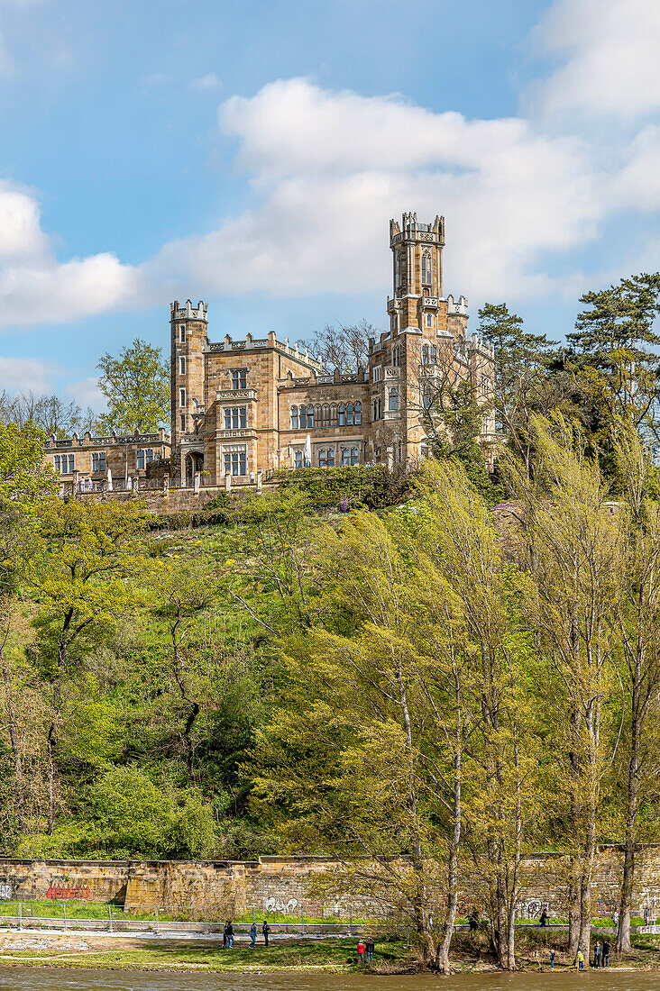 Eckberg Castle, one of the three Elbe castles in the Elbe valley of Dresden seen from the opposite bank of the Elbe, Saxony, Germany