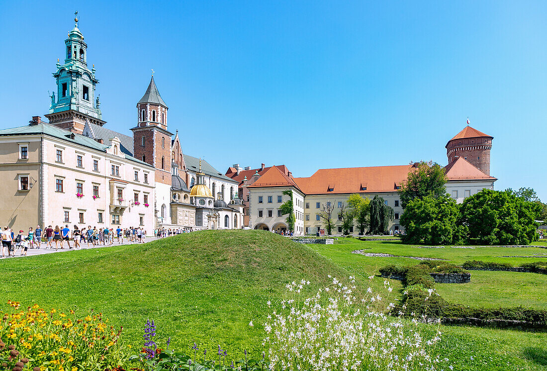 Wawel Plateau (Wzgórze Wawelskie) with cathedral and royal castle (Zamek Królewski) in the old town of Kraków in Poland