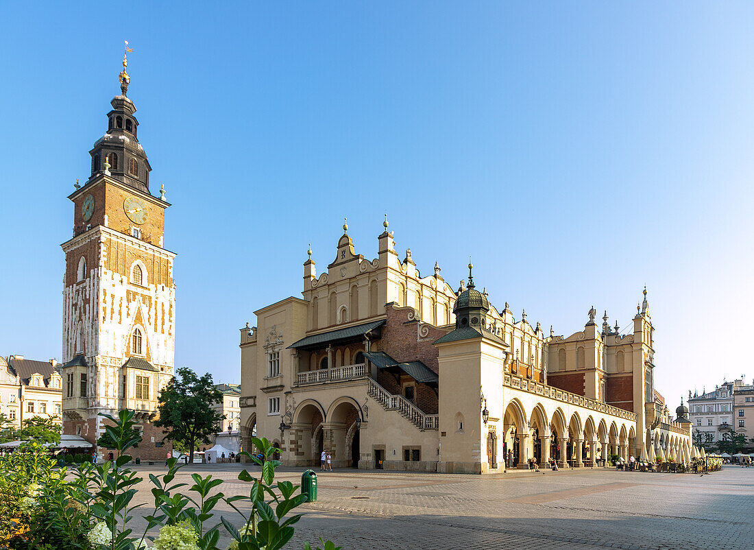 Rynek Glówny with Cloth Hall (Sukienice) and Town Hall Tower in the morning light in the old town of Kraków in Poland