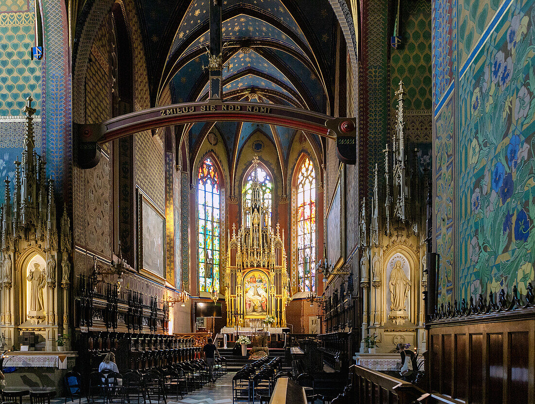 Interior of the Franciscan Church (Bazylika świętego Franciszka z Asyżu) with floral ornaments by Stanisław Wyspiański in the Old Town of Kraków in Poland