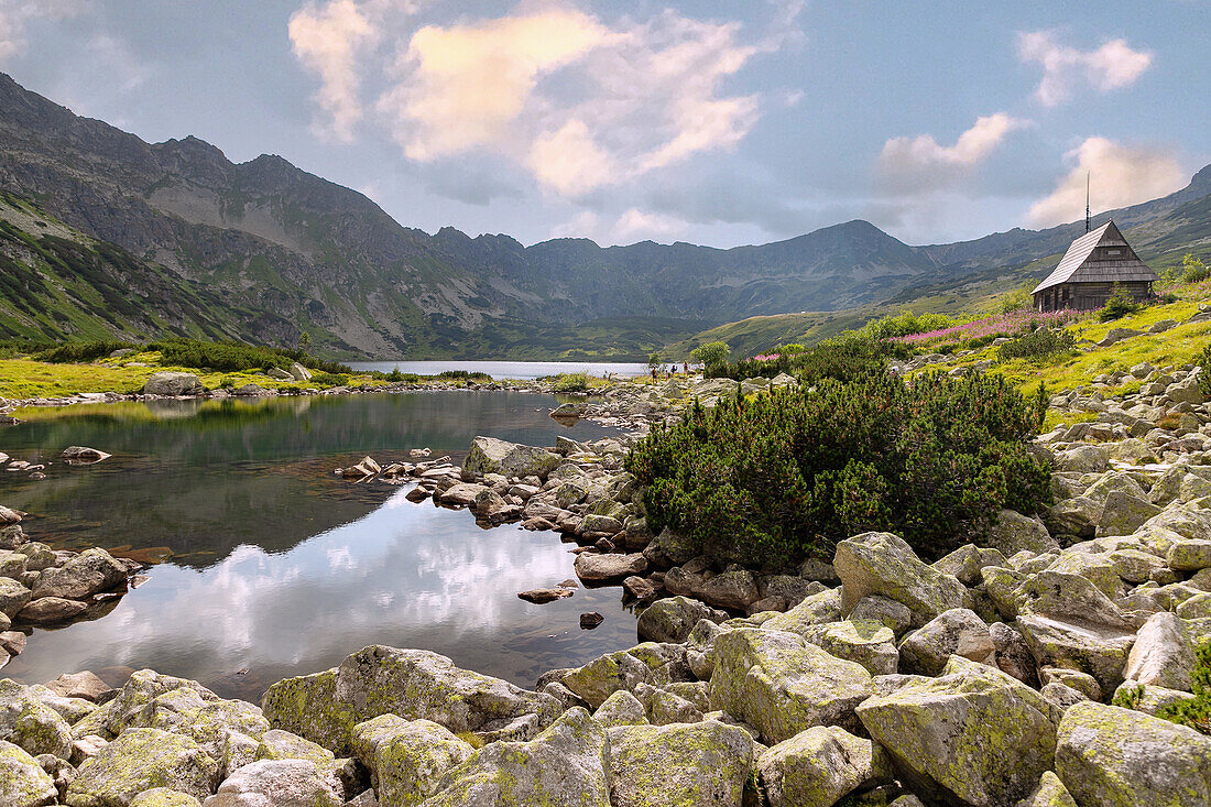 Lake Wielki Staw and Mały Staw on the hiking trail to the Valley of the Five Polish Ponds (Dolina Pięciu Stawów Polskich) and Morskie Oko in the Tatra National Park (Tatrzański Park Narodowy) in Poland