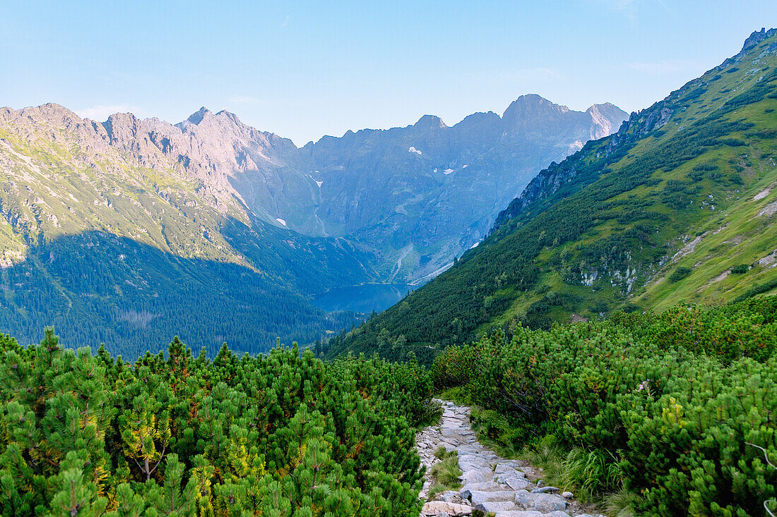 Morskie Oko from the hiking trail from the Valley of the Five Polish Ponds (Dolina Pięciu Stawów Polskich) in the Tatra National Park (Tatrzański Park Narodowy) in Poland