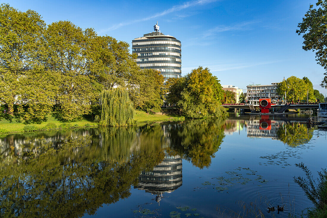 Neckar and Neckar Tower in Heilbronn, Baden-Württemberg, Germany