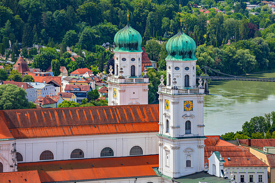 View of St. Stephan Cathedral and Inn from above in Passau, Bavaria, Germany